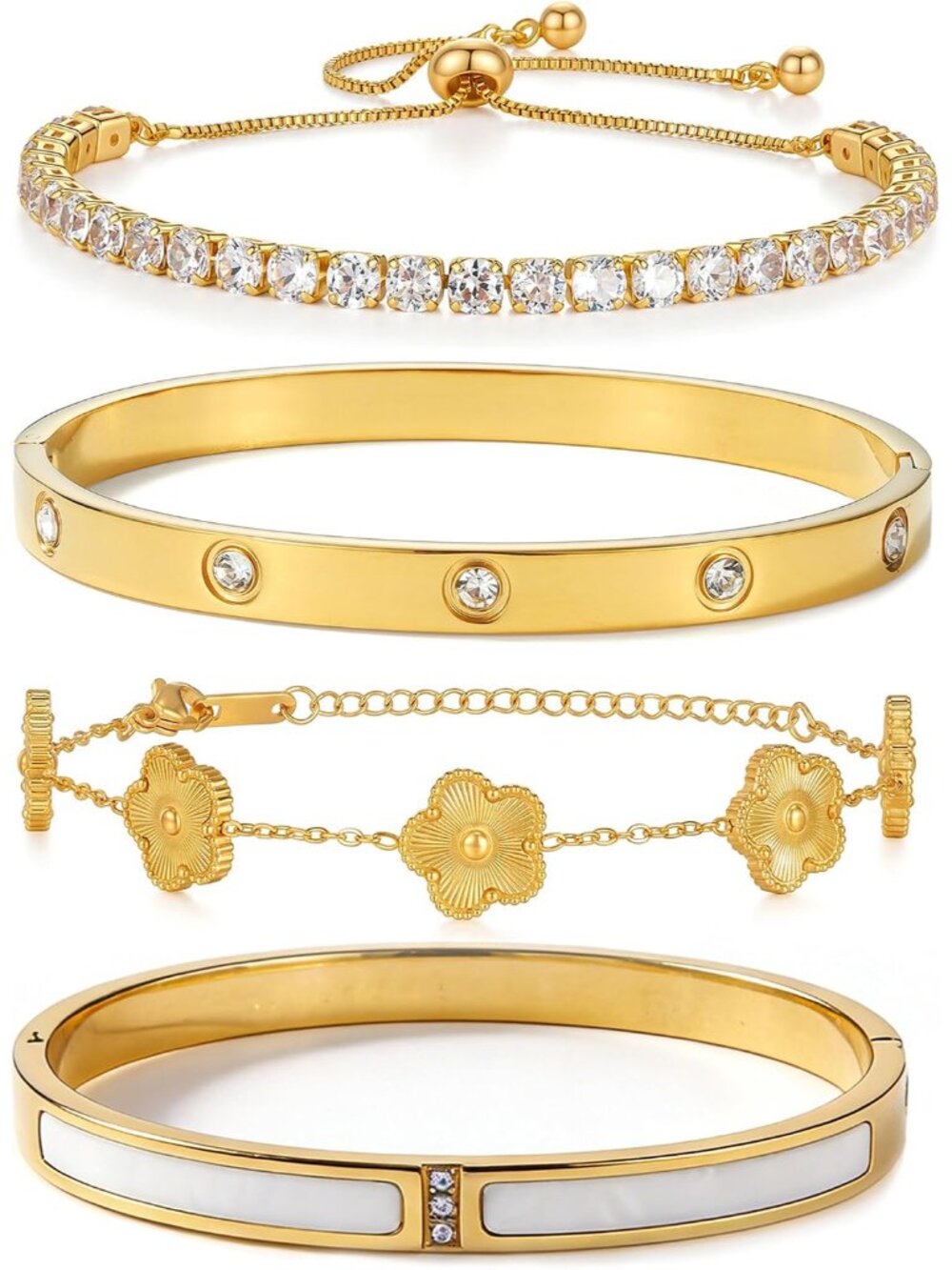 Dainty 18K Gold Plated Bangle Set - 4 Stackable Bracelets with Clover Charm